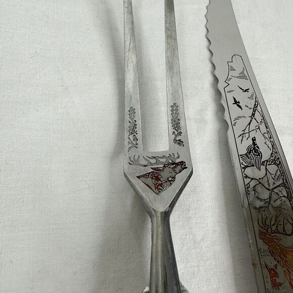 Solingen Germany Stainless Stag Antler Handle Etched Carving Knife Serving Fork - Picture 6 of 12